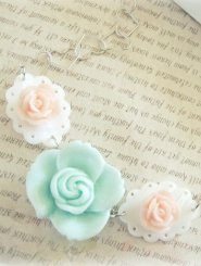 Triple Floral Heart Necklace in Pink and Blue 